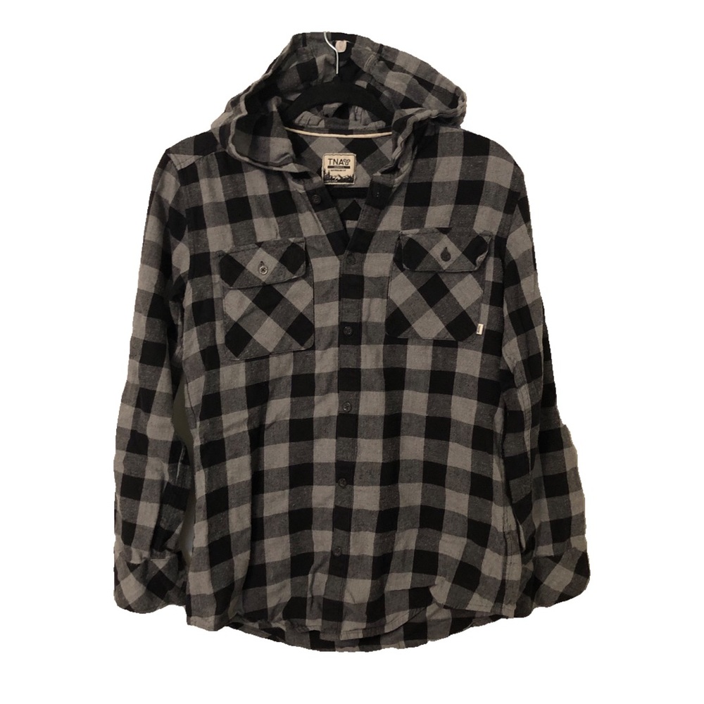 Aritzia TNA Gray And Black Boyfriend Fit Hooded Flannel Long Sleeve Shirt